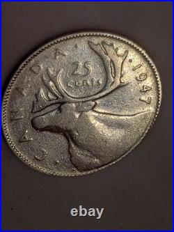 1947 dot Canada Silver Twenty-Five Cents Coin. Key Date Quarter 25 cents 1947 dot Canada Silver Twenty-Five Cents Coin. Key Date Quarter 25 cents
