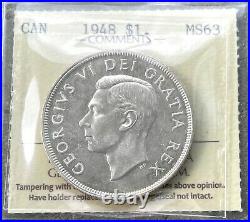 1948 Canada 1 Dollar Silver Coin One Dollar ICCS MS 63 Choice Unc
