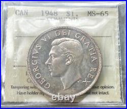 1948 Canada 1 Dollar Silver Coin One Dollar ICCS MS 65 Gem Unc Nice Toning