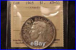 1948 Canada Silver Dollar ICCS AU-55. Rarest key date coin. Old 2 letter cert