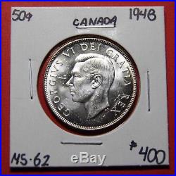 1948 Canada Silver Half Dollar 50 Cent Coin BI369 $400 MS-62 Key Date