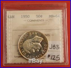 1950 Canada 50 Cent Silver Coin Fifty Half Dollar J83 $125 ICCS MS-64