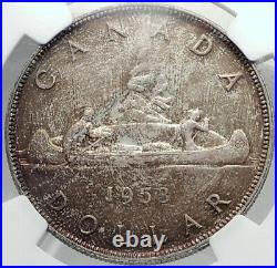 1953 CANADA UK Queen Elizabeth II Canoe Large OLD Silver Dollar Coin NGC i82349