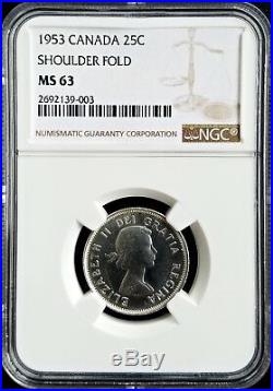 1953 Canada Silver 25C Shoulder Fold Variety NGC MS63 BU Unc Strap Quarter Coin