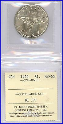 1955 Canada Silver $1 One Dollar Coin -Graded Mint MS-65 by ICCS- Collectible