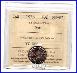 1956 Canada 10 Cents Silver Cent Coin Dot ICCS Graded MS-65