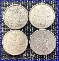 1957 1960, Canada, 4 50 Cent, 80% Silver Coins, 2 Low Date & 2 High Date