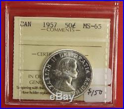 1957 Canada 50 Cent Silver Coin Fifty Half Dollar B521 $150 ICCS MS-65