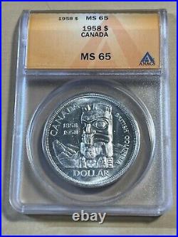 1958 Canada 1 Dollar Large Silver Coin British Columbia Graded MS65 by ANACS b