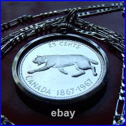 1967 SILVER CANADA LYNX COIN Pendant 26mm diam. On 24 925 Sterling Silver Chain