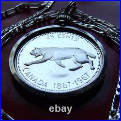1967 SILVER CANADA LYNX COIN Pendant 26mm diam. On 24 925 Sterling Silver Chain