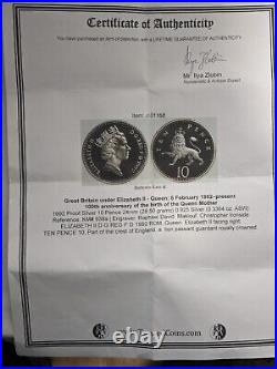 1992 GB 100th Anniversary Of The Queen Mother Proof Silver 0.925, 10P Coin, COA
