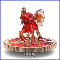 1 Oz Silver Coin 2022 $5 Canada Maple Leaf Murano Glass Series Red Elephant