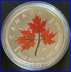 2001 1 Oz. 9999 Fine Silver Canada? Red Fall Colorized Maple Leaf Coin In Cap