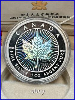 2001 Canada Silver Proof $5 coin Hologram Maple Leaf in Case with COA BEAUTY