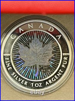 2001 Canada Silver Proof $5 coin Hologram Maple Leaf in Case with COA BEAUTY