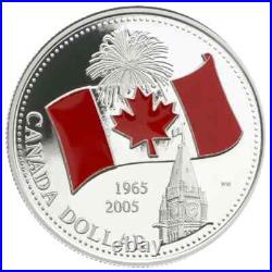 2005 $1 Canada's National Flag, 40th Anniversary Enamel Proof Pure Silver Coin