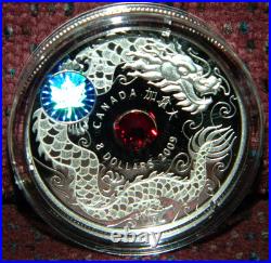 2009 CANADA $8 MAPLE OF WISDOM DRAGON SILVER COIN WithHOLOGRAM & CRYSTAL INSET