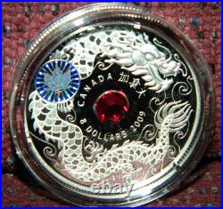 2009 CANADA $8 MAPLE OF WISDOM DRAGON SILVER COIN WithHOLOGRAM & CRYSTAL INSET