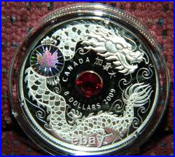 2009 CANADA $8 MAPLE OF WISDOM DRAGON SILVER COIN WithHOLOGRAM & CRYSTAL INSET