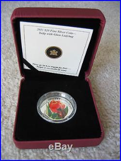2011 CANADA TULIP WITH LADYBUG VENETIAN GLASS $20 SILVER COIN WITH CASE AND COA