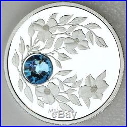2012 $3 March Birthstone Aquamarine Pure Silver Proof Coin, Swarovski Crystal