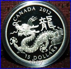 2012 CANADA $15 LUNAR YEAR OF THE DRAGON. 9999 1OZ PROOF SILVER COIN WithBOX & COA
