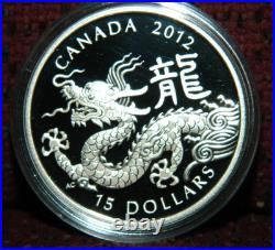 2012 CANADA $15 LUNAR YEAR OF THE DRAGON. 9999 1OZ PROOF SILVER COIN WithBOX & COA