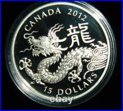 2012 CANADA $15 LUNAR YEAR OF THE DRAGON. 9999 1OZ PROOF SILVER COIN WithBOX & COA