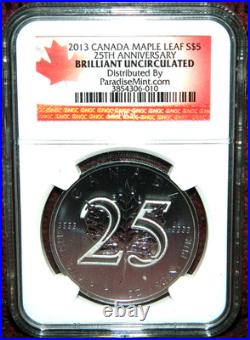2013 Canada $5 Silver Maple Leaf 25th Anniversary 1oz Silver Coin Ngc Gem Bu