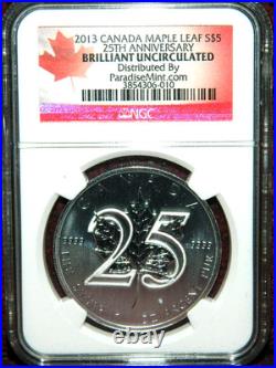 2013 Canada $5 Silver Maple Leaf 25th Anniversary 1oz Silver Coin Ngc Gem Bu