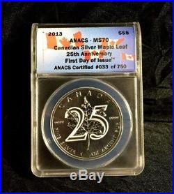 2013 Maple Leaf MS70 First Day of Issue 25th Anniversary 1 oz Silver Coin Canada