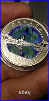 2014 $10 Silver Coloured Coin O Canada Northern Lights Howling Wolf Gem Beauty