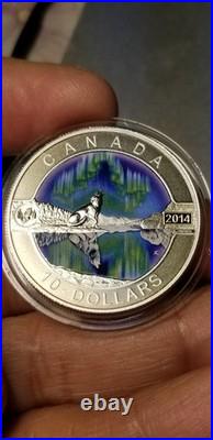 2014 $10 Silver Coloured Coin O Canada Northern Lights Howling Wolf Gem Beauty