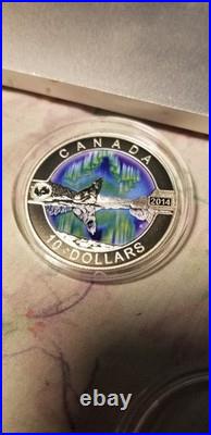 2014 $10 Silver Coloured Coin O Canada Northern Lights Howling Wolf Gem Beauty