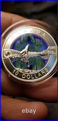 2014 $10 Silver Coloured Coin O Canada Northern Lights Howling Wolf Gem Beauty