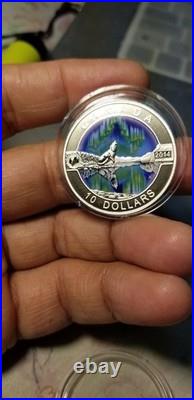 2014 $10 Silver Coloured Coin O Canada Northern Lights Howling Wolf Gem Beauty