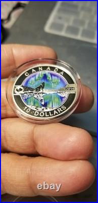 2014 $10 Silver Coloured Coin O Canada Northern Lights Howling Wolf Gem Beauty