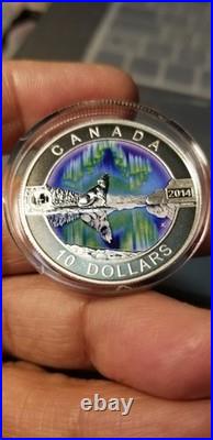 2014 $10 Silver Coloured Coin O Canada Northern Lights Howling Wolf Gem Beauty