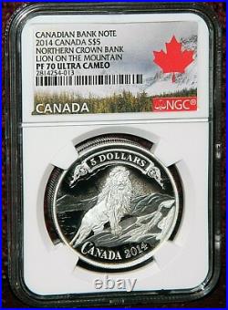 2014 CANADA $5 NORTHERN CROWN BANK LION SILVER COIN WithBOX NGC PF 70 ULTRA CAMEO