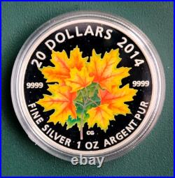 2014 CANADA coin $20 1 oz. 9999 silver Majestic Maple Leaves with Colour in OGP