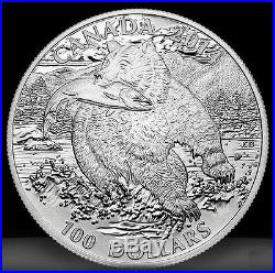 2014 Canada $100 for $100 Grizzly Bear Wild Life in Motion 1oz Silver coin. 9999