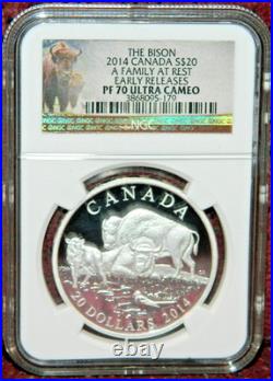 2014 Canada $20 The Bison A Family At Rest Silver Coin Pf70 Ultra Cameo Er+ogp