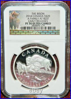 2014 Canada $20 The Bison A Family At Rest Silver Coin Pf70 Ultra Cameo Er+ogp