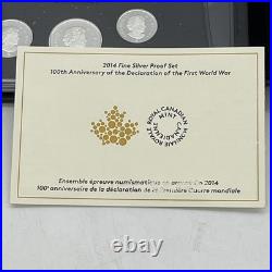 2014 Canada 7-Coin Fine Silver. 9999 Proof Set with Gold Plate WW1 Declaration OGP