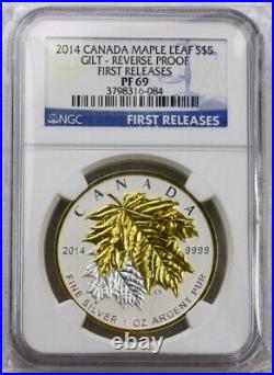 2014 Canada 9999 $5 Dollar Fine Silver Maple Gilt Reverse Proof Coin Ngc Pf69