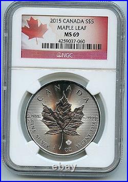 2015 Canadian Maple Leaf $5 Silver Dollar MS69 NGC. 9999 Graded Coin B3