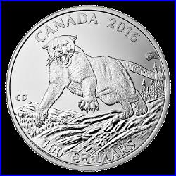 2016 $100 CANADA Cougar, FINE. 9999 SILVER COIN (OGP/COA)