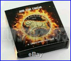 2016 1 Oz Silver Canadian Cougar Coin 999 Gold Gilded Colorized Fire. (Box N Coa)