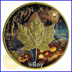 2016 Canada 1 OZ Silver $5 Maple Leaf Halloween colorized & gold gilded Coin NEW